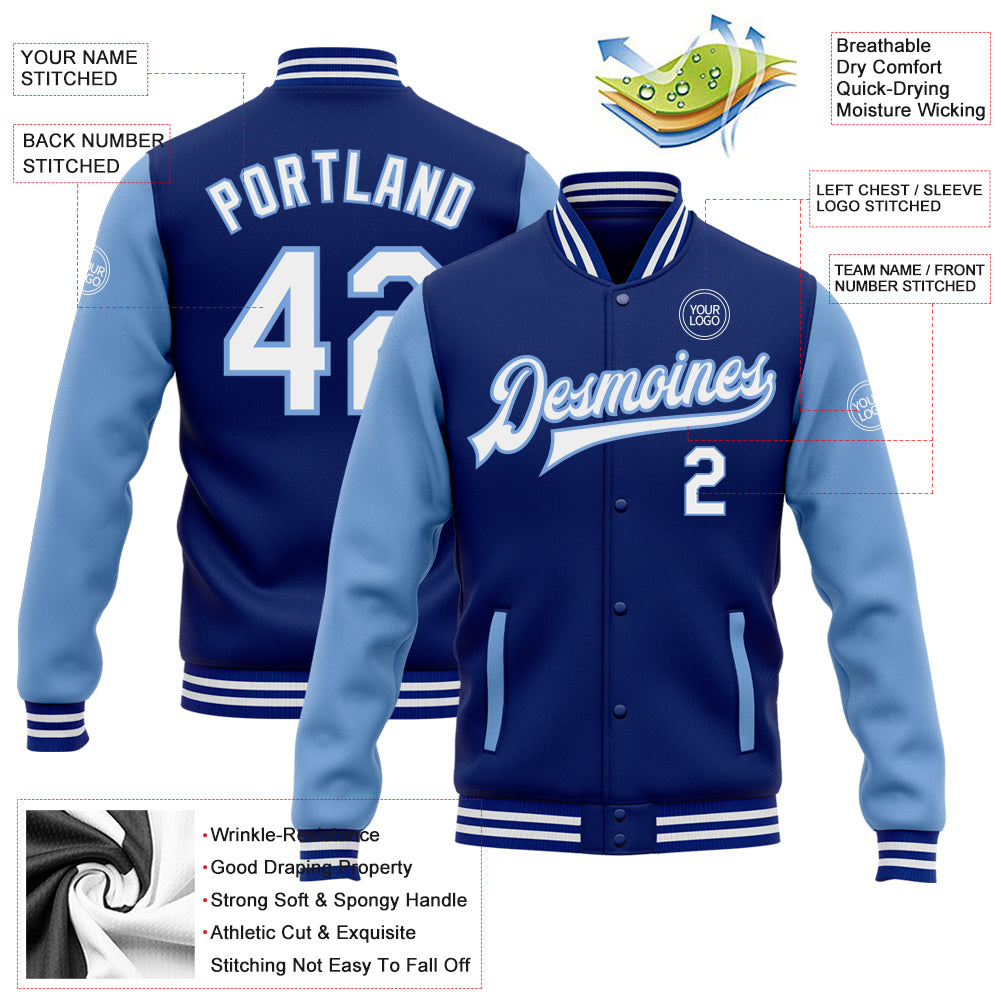 Custom Varsity Letterman Jacket White Black Pinstripe Light Blue Bomber Full-Snap Men's Size:L