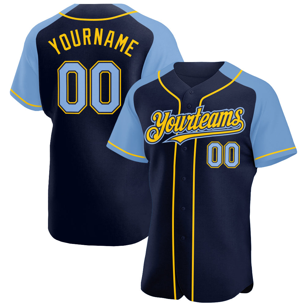 Custom White Light Blue Pinstripe Navy-Light Blue Authentic Raglan Sleeves  Baseball Jersey