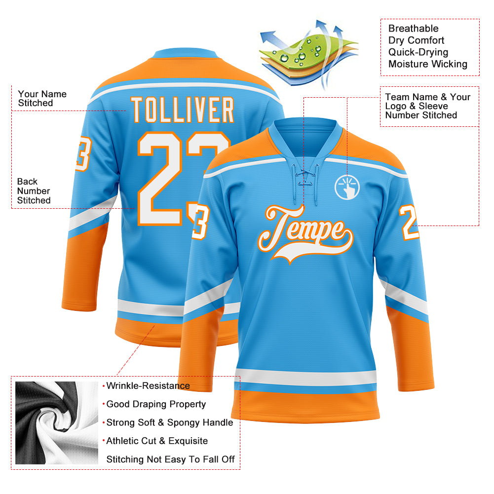 Custom Sky Blue Orange-White Hockey Jersey Men's Size:2XL