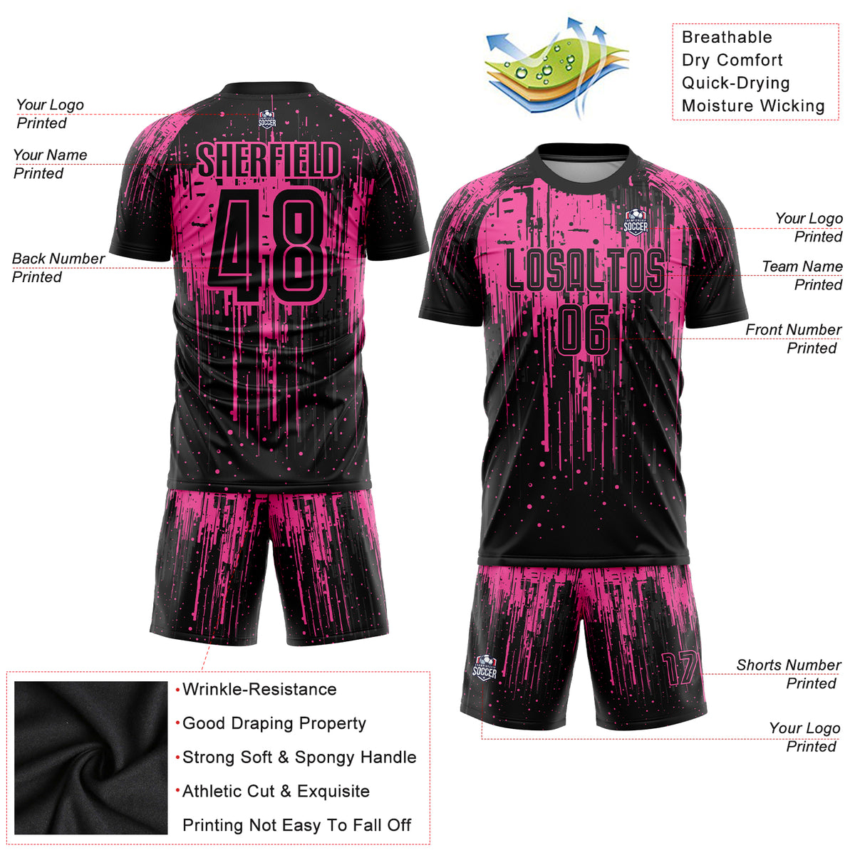 Custom Pink Black Sublimation Soccer Uniform Jersey Discount