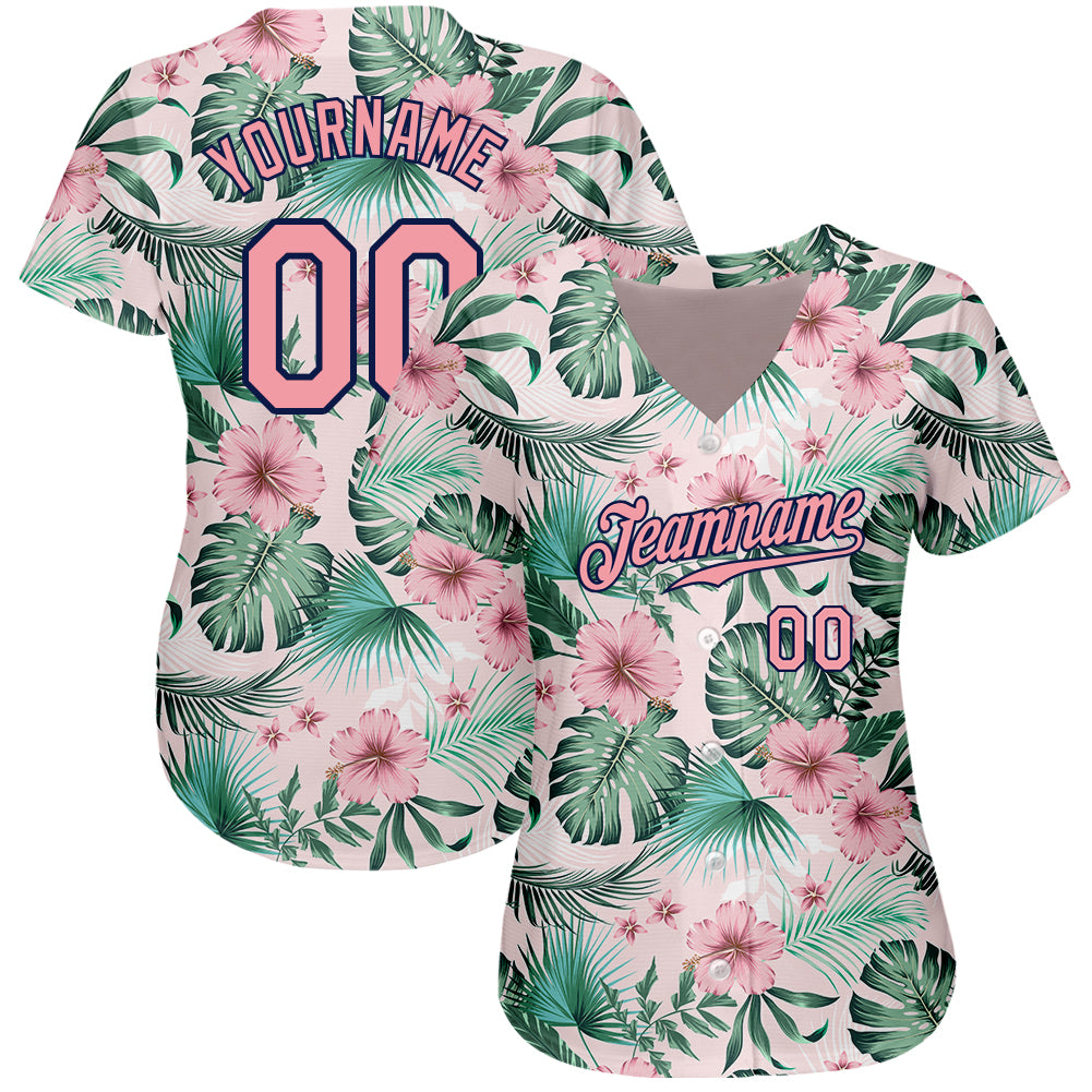 Custom White Medium Pink-Navy 3D Pattern Design Hawaii Palm Leaves