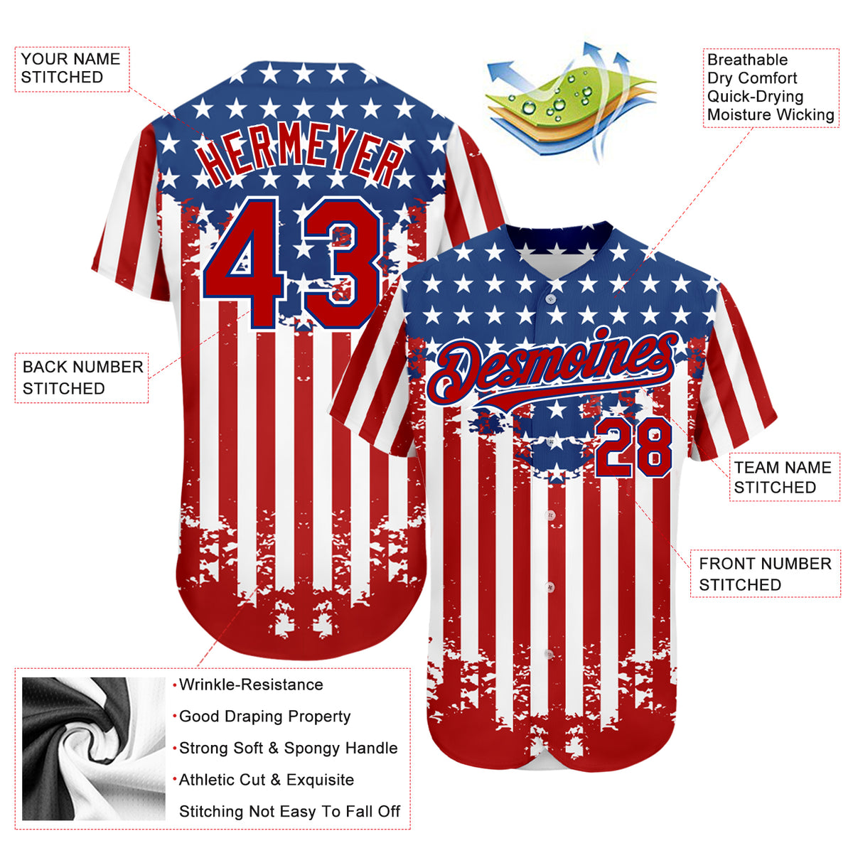 Custom Royal White-Red 3D American Flag Authentic Baseball Jersey