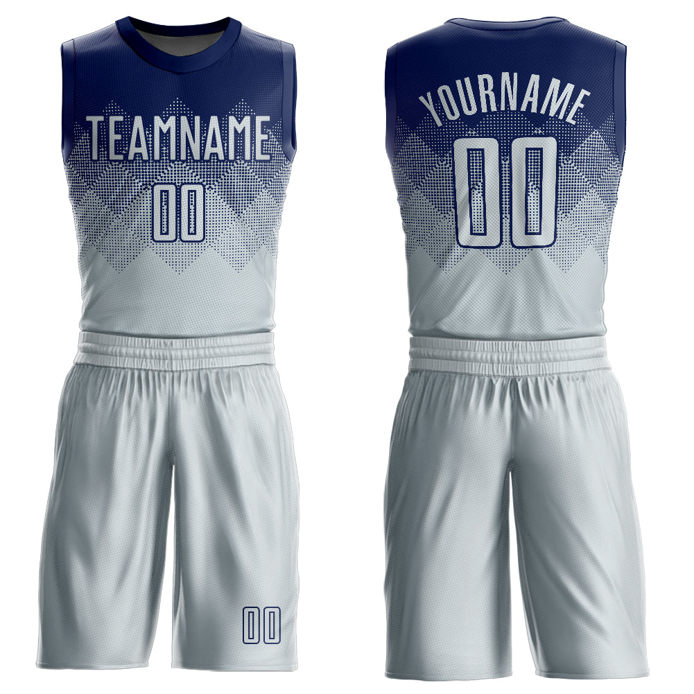 Custom Navy Silver Round Neck Sublimation Basketball Suit Jersey Discount