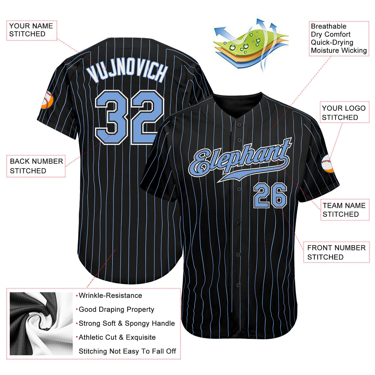 Custom Powder Blue Black Pinstripe Teal Authentic Baseball Jersey Fast  Shipping – FiitgCustom