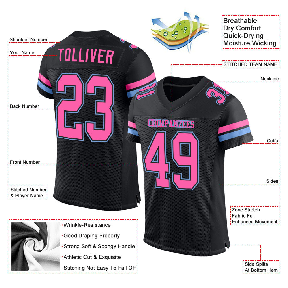 Custom Black Pink-Light Blue Mesh Authentic Football Jersey Discount