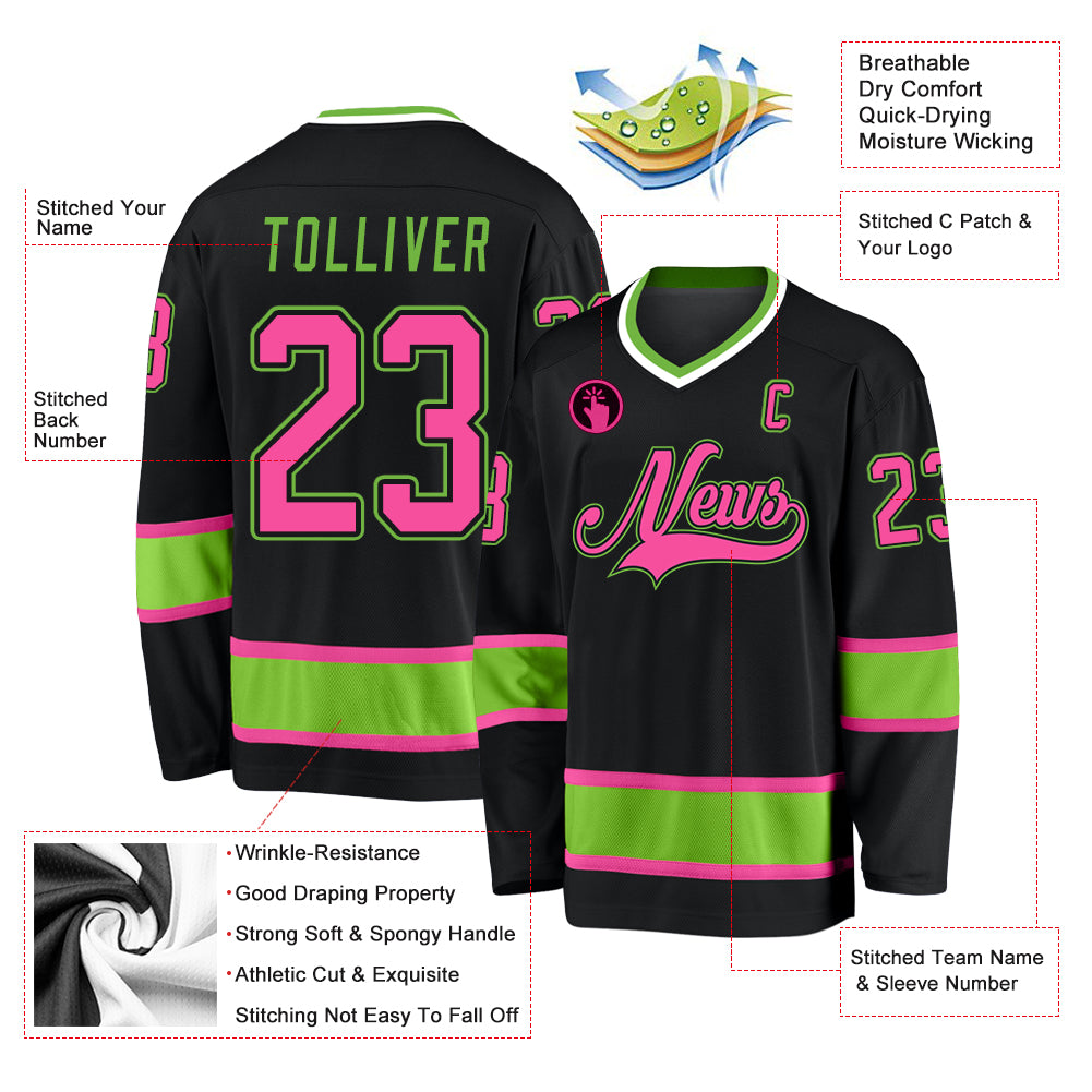 Custom Black Pink-Neon Green Hockey Jersey Discount