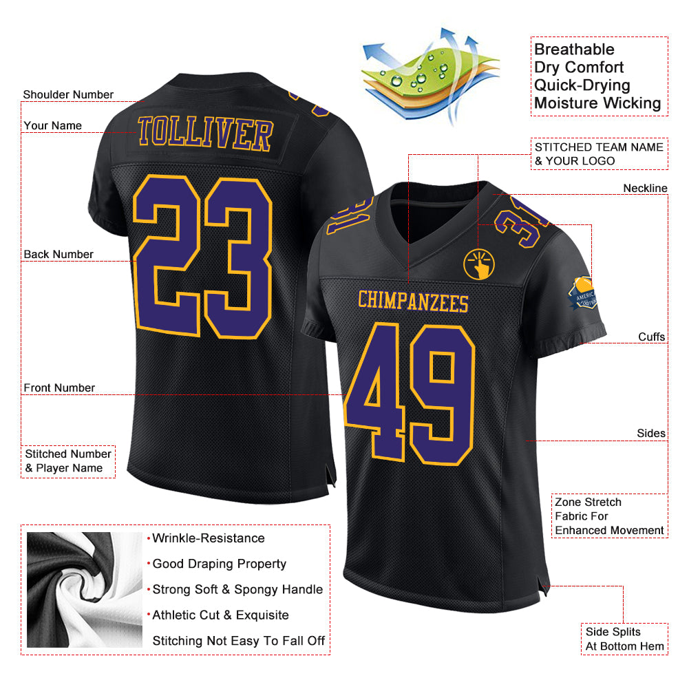 Custom Black White-Gold Mesh Authentic Football Jersey