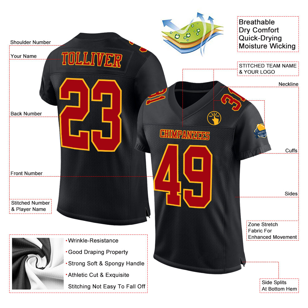 Custom Black Red-White Mesh Authentic Football Jersey