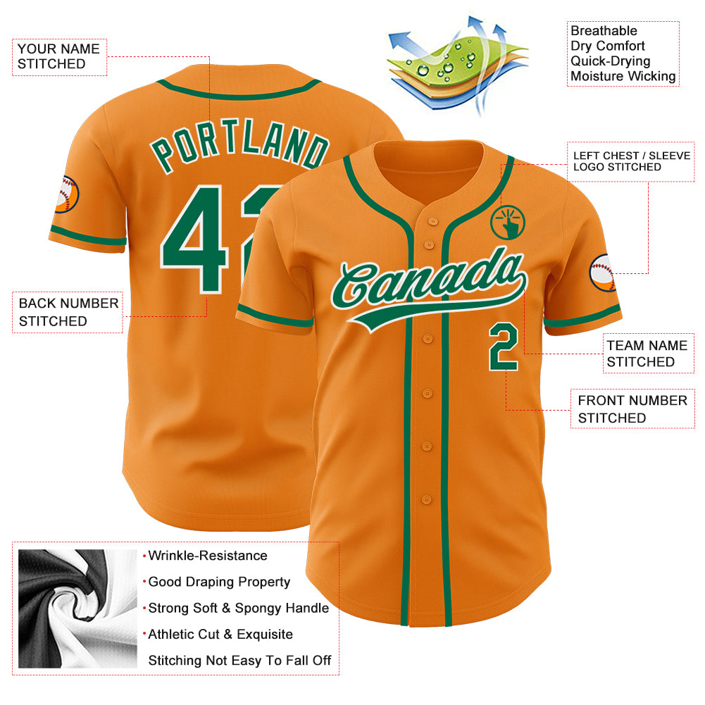 Custom Team Gold Baseball Authentic Green Jersey Orange