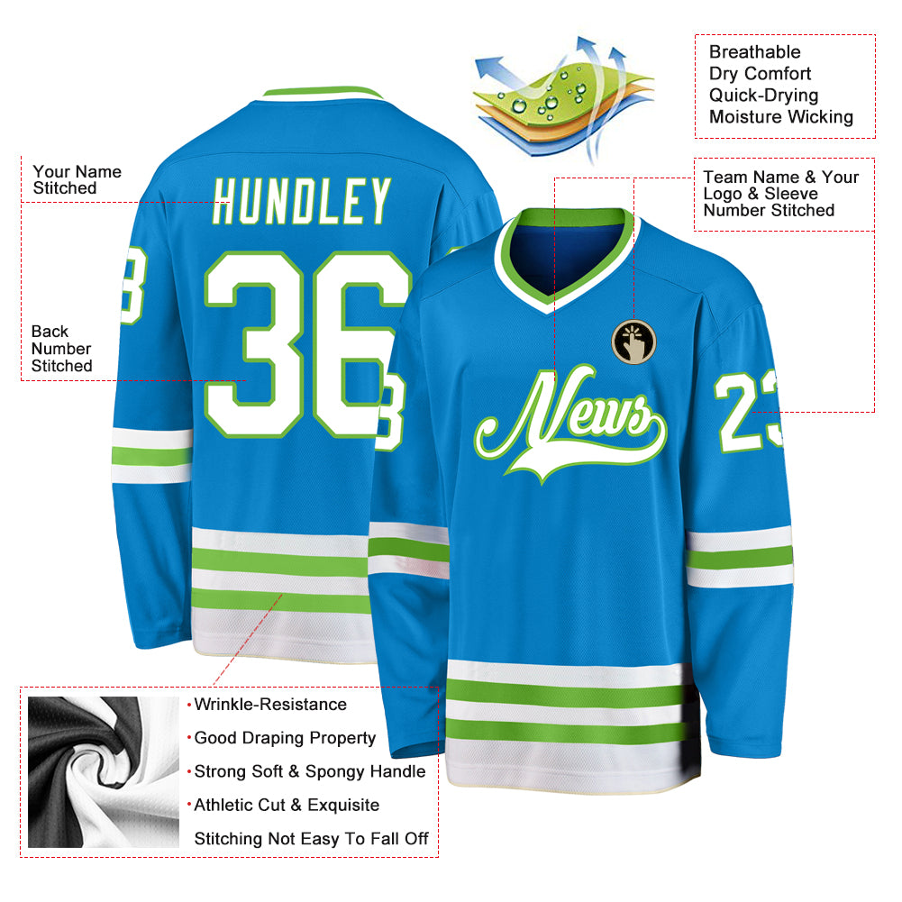 Custom Blue White-Neon Green Hockey Jersey Discount