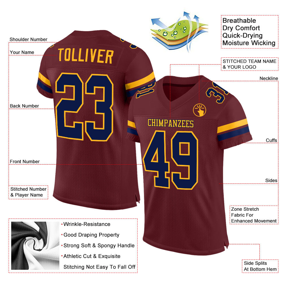 Custom Burgundy Navy-Gold Mesh Authentic Football Jersey Discount