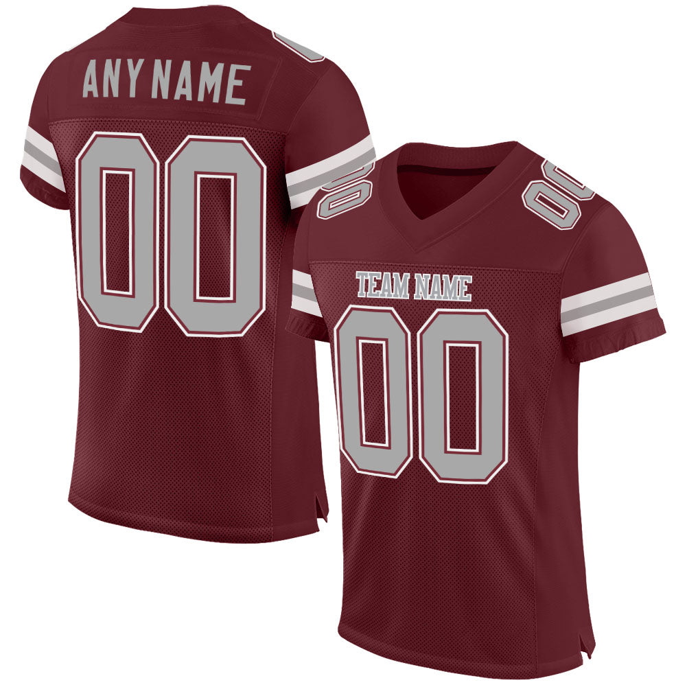 Pro Fit Team Game Jerseys, Forest Green, Maroon, Silver Grey Team Colors Game Custom Football Jersey Designed Customizable Names and Numbers