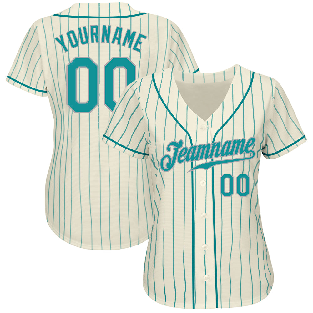 Cheap Custom Aqua White Pinstripe Black Authentic Baseball Jersey