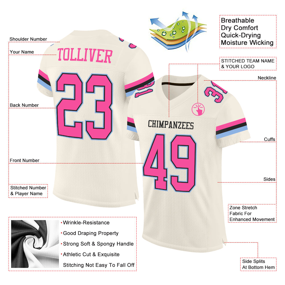 Custom Football Jersey Cream Pink Black-Light Blue Mesh Authentic Men's Size:3XL