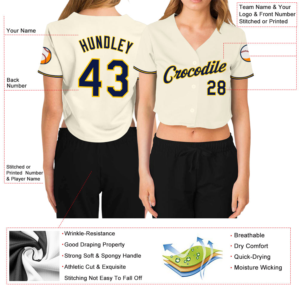 Cheap Custom Women's Navy Gold-White V-Neck Cropped Baseball