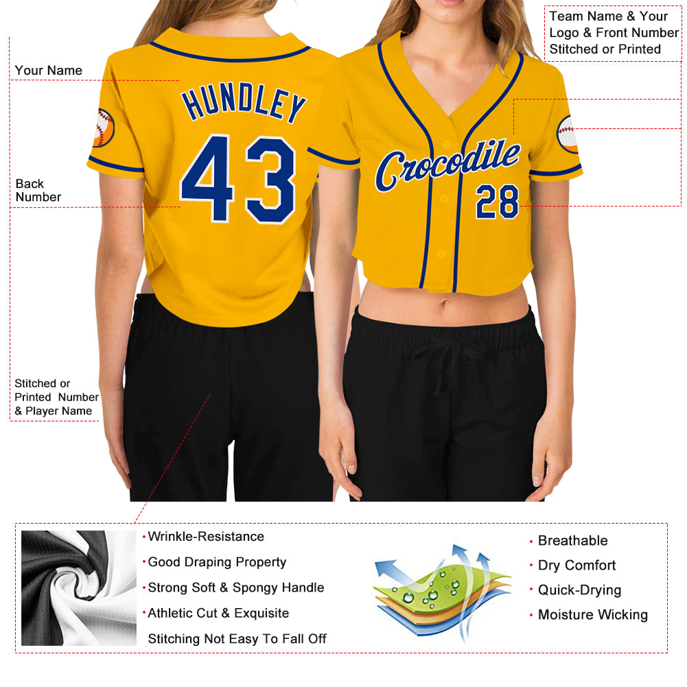 Custom Women s Gold Royal White V Neck Cropped Baseball Jersey Discount