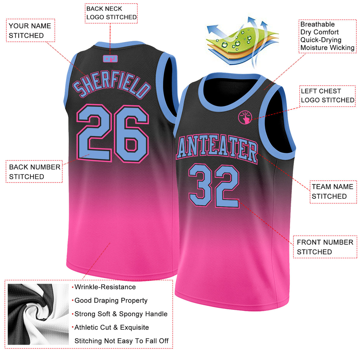 Custom Pink Basketball Jersey Black-Light Blue Authentic Throwback