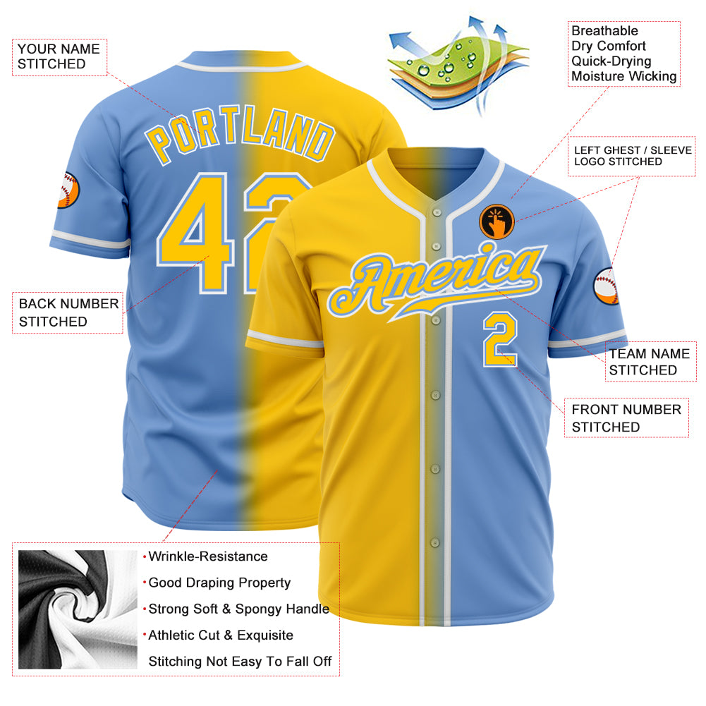 Custom Powder Blue Yellow-White Authentic Baseball Jersey