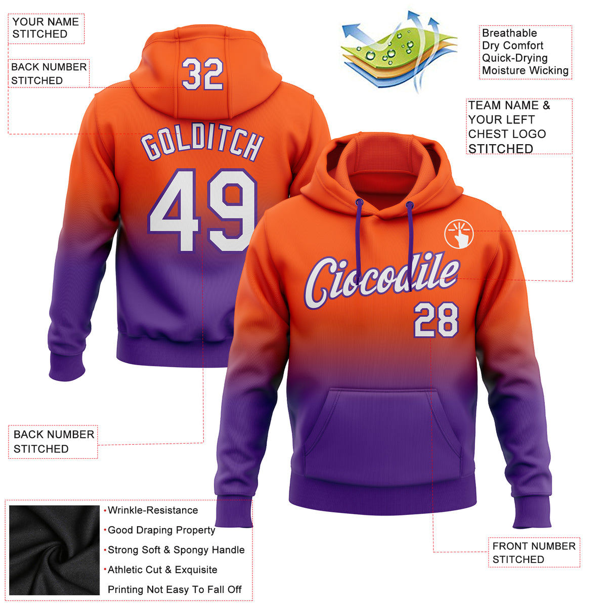Custom Stitched Orange White-Purple Fade Fashion Sports Pullover Sweatshirt  Hoodie Discount