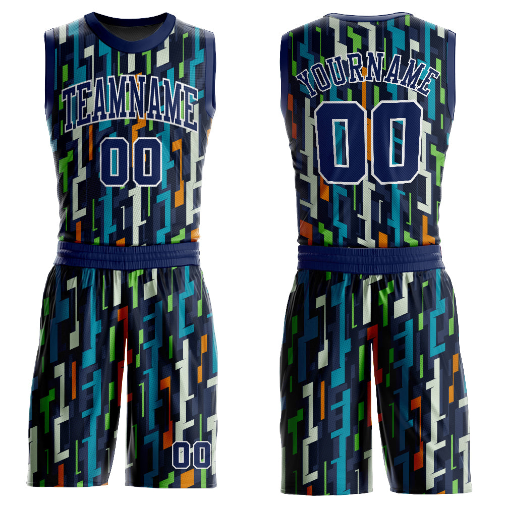 Custom Teal Navy-White Round Neck Sublimation Basketball Suit Jersey  Discount