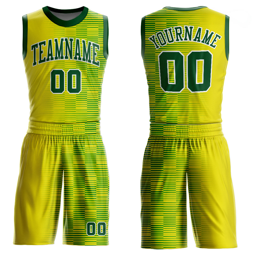 Custom Gold Green-White Round Neck Sublimation Basketball Suit