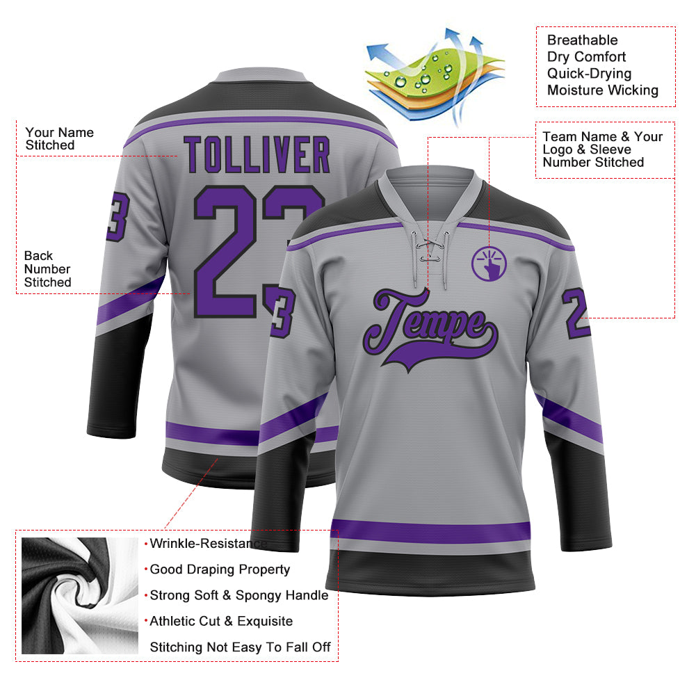 Custom Purple Black-Gray Hockey Jersey Women's Size:L