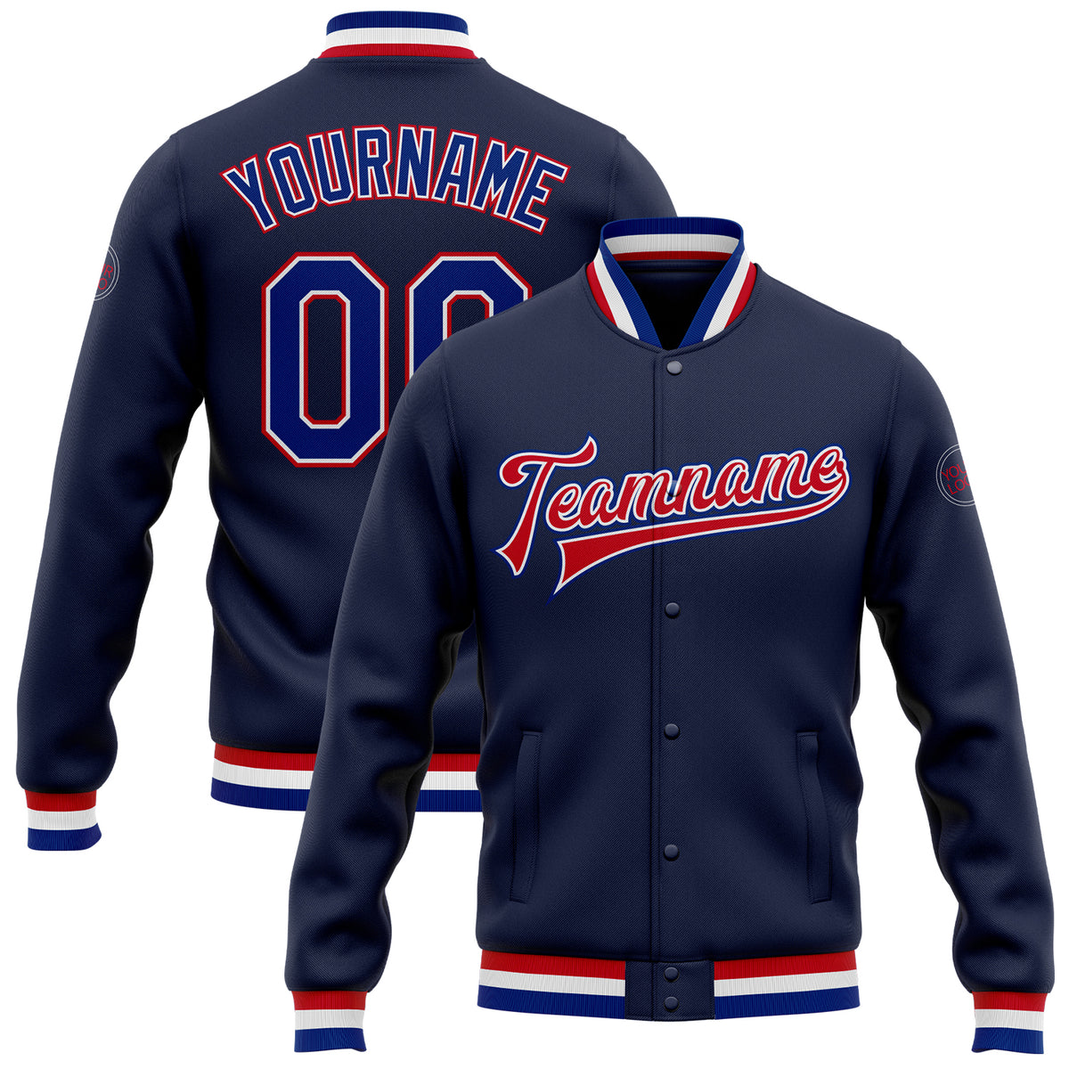 Custom Navy Navy White-Red Bomber Full-Snap Varsity Letterman