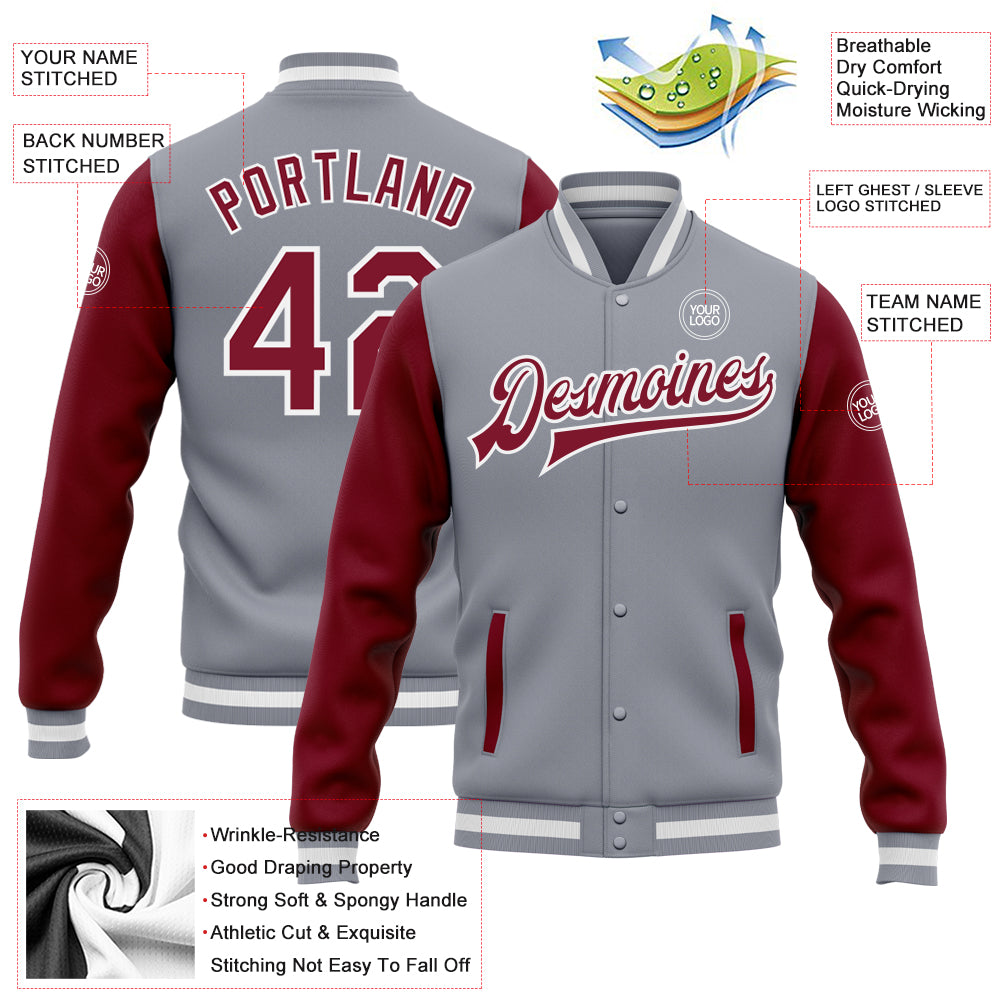 Cheap Custom Royal Crimson-White Bomber Full-Snap Varsity