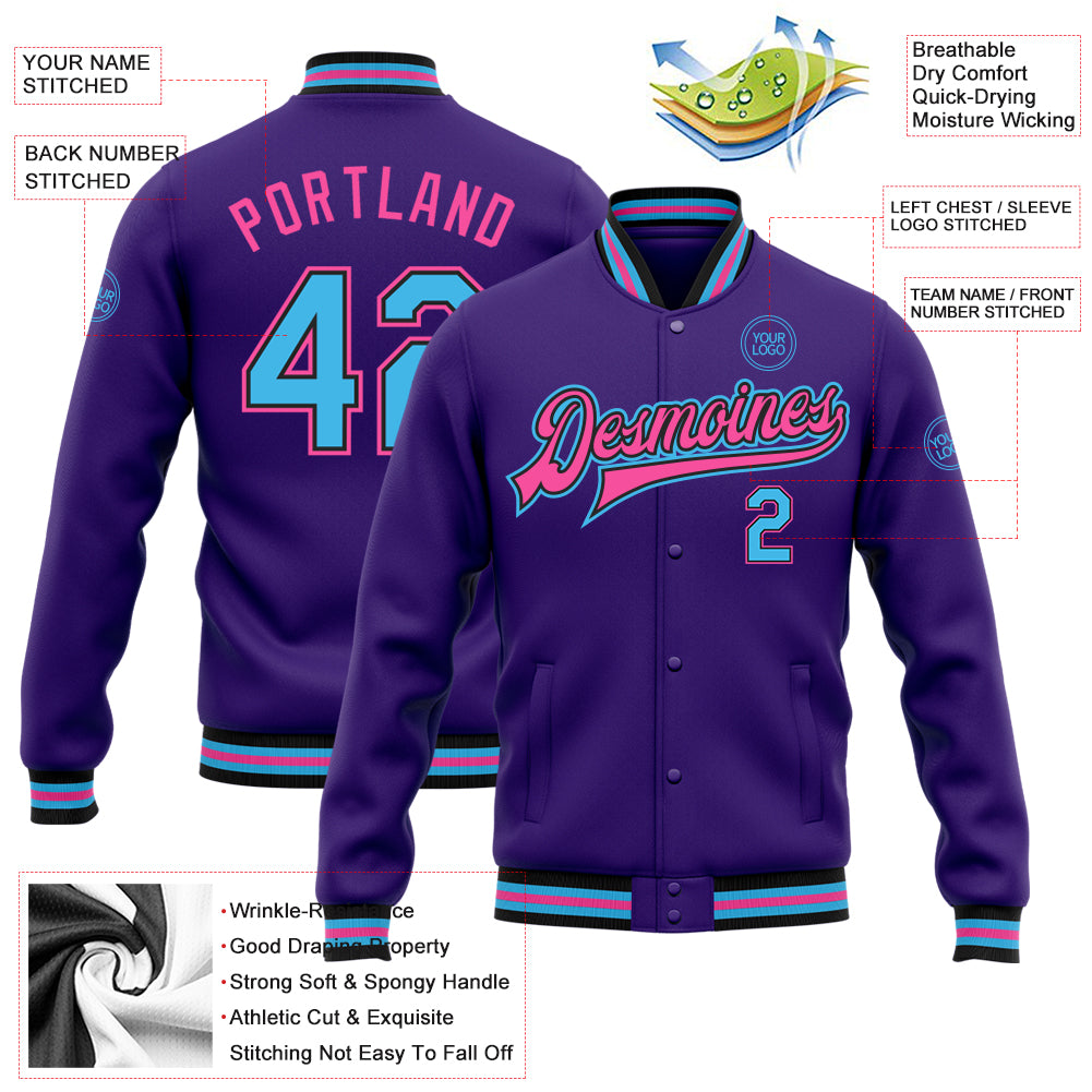 Cheap Custom Purple Light Blue-White Bomber Full-Snap Varsity