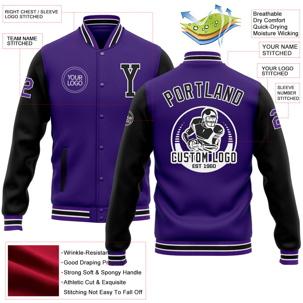 Custom Purple Black Bomber Full Snap Varsity Letterman Two Tone Jacket Discount