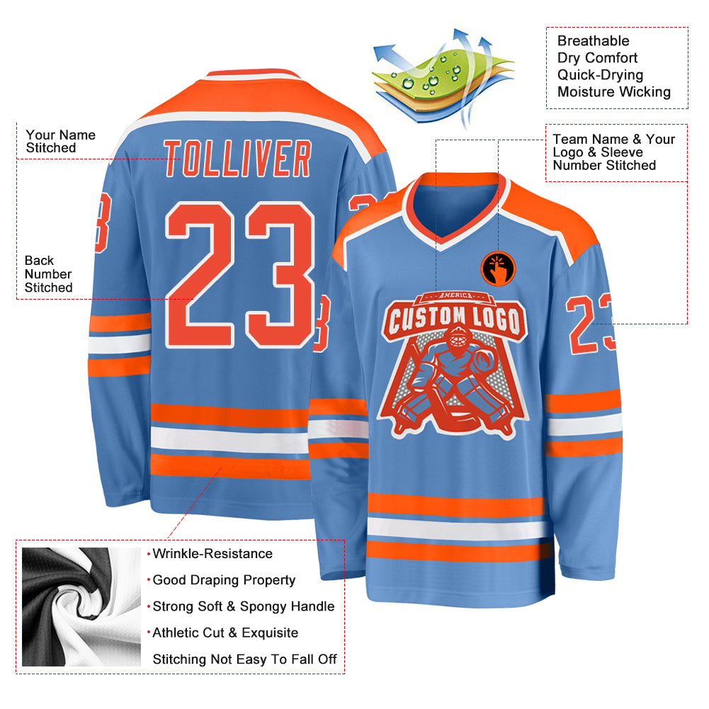 Custom Light Blue Orange-White Hockey Jersey Discount