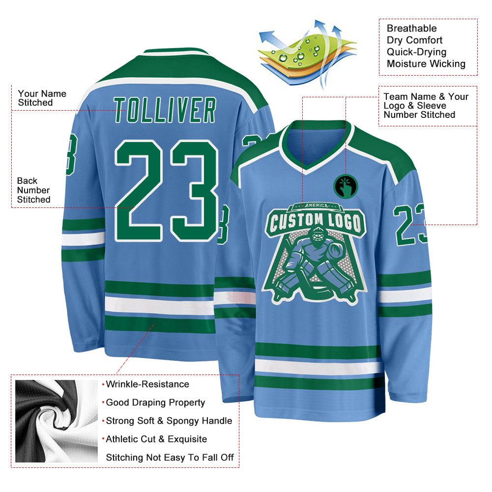 Custom Light Blue Kelly Green-White Hockey Jersey Discount