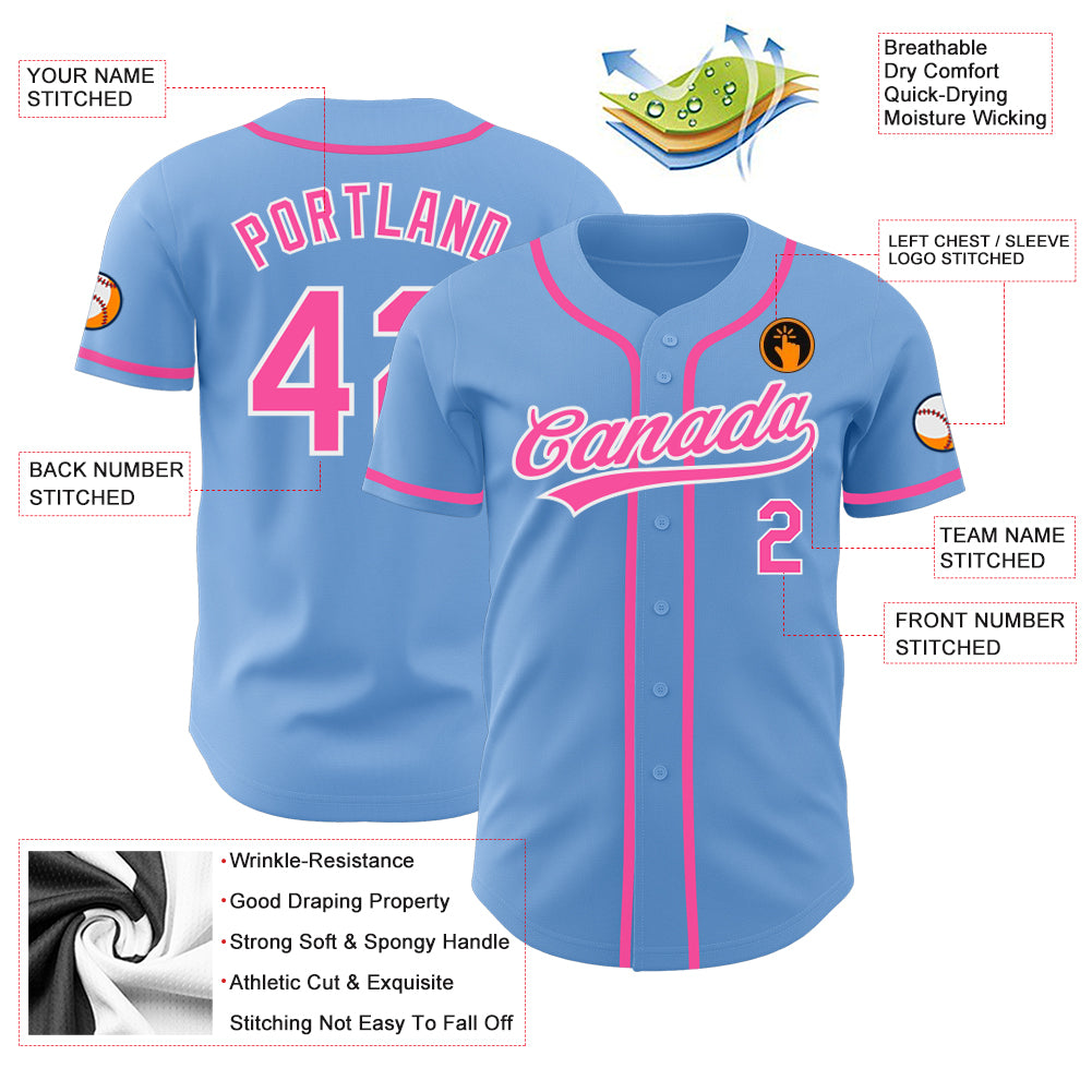 Custom White Light Blue-Pink Authentic Baseball Jersey