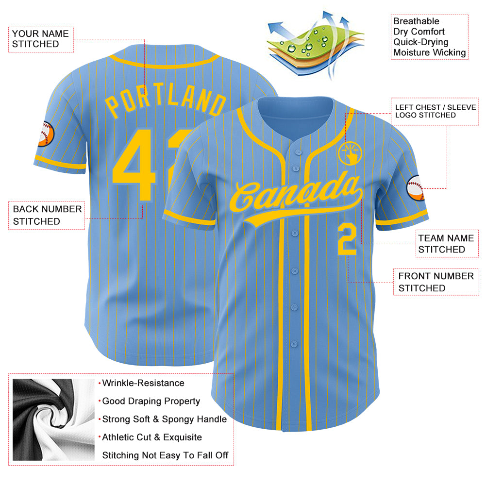 Custom White Light Blue Pinstripe Light Blue-Yellow Authentic Baseball  Jersey