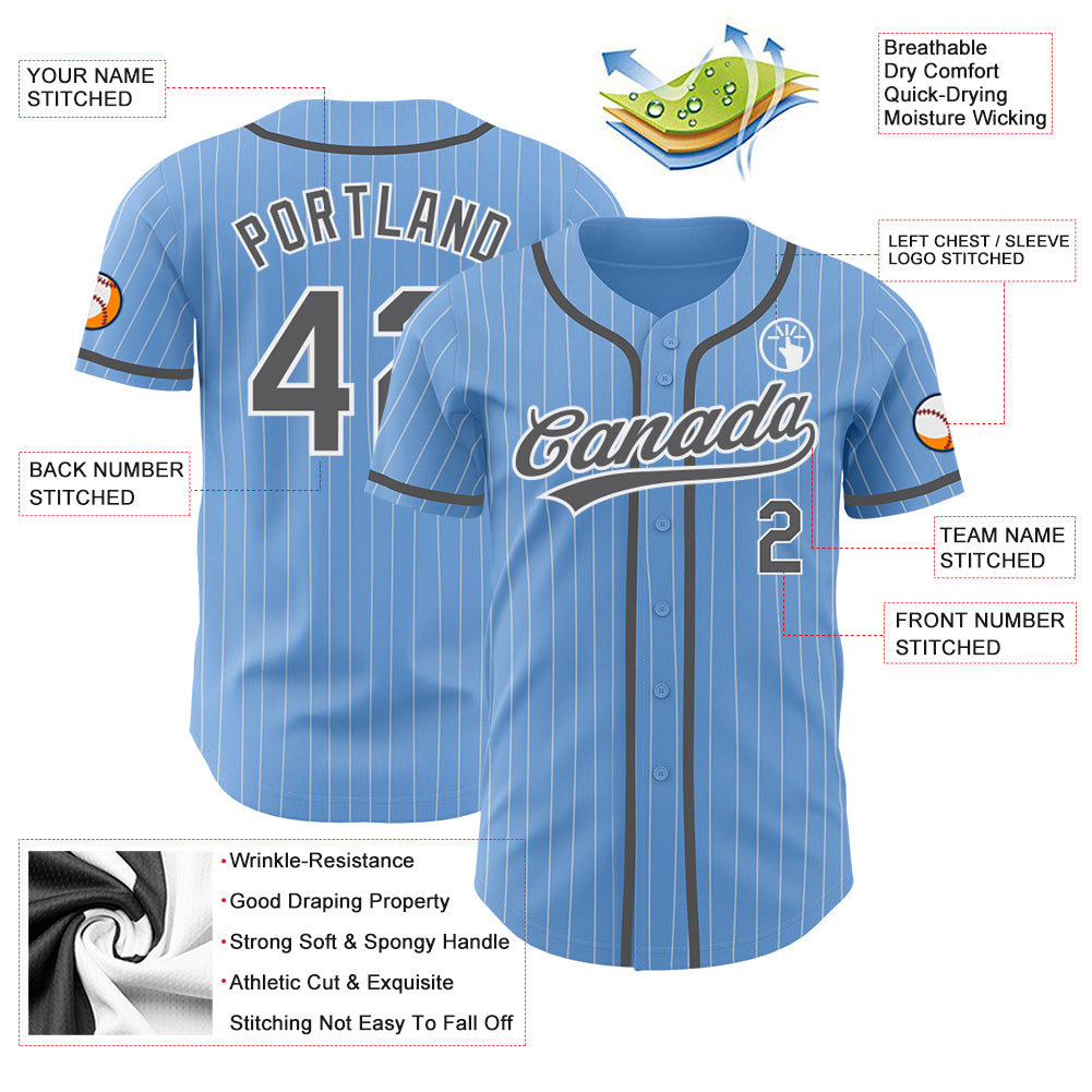 Custom Gray White Pinstripe Light Blue-White Authentic Baseball Jersey