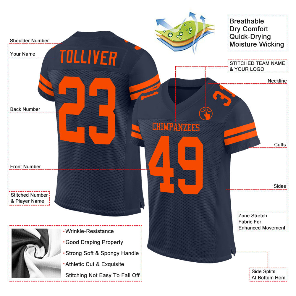 Custom Navy Orange Mesh Authentic Football Jersey Discount