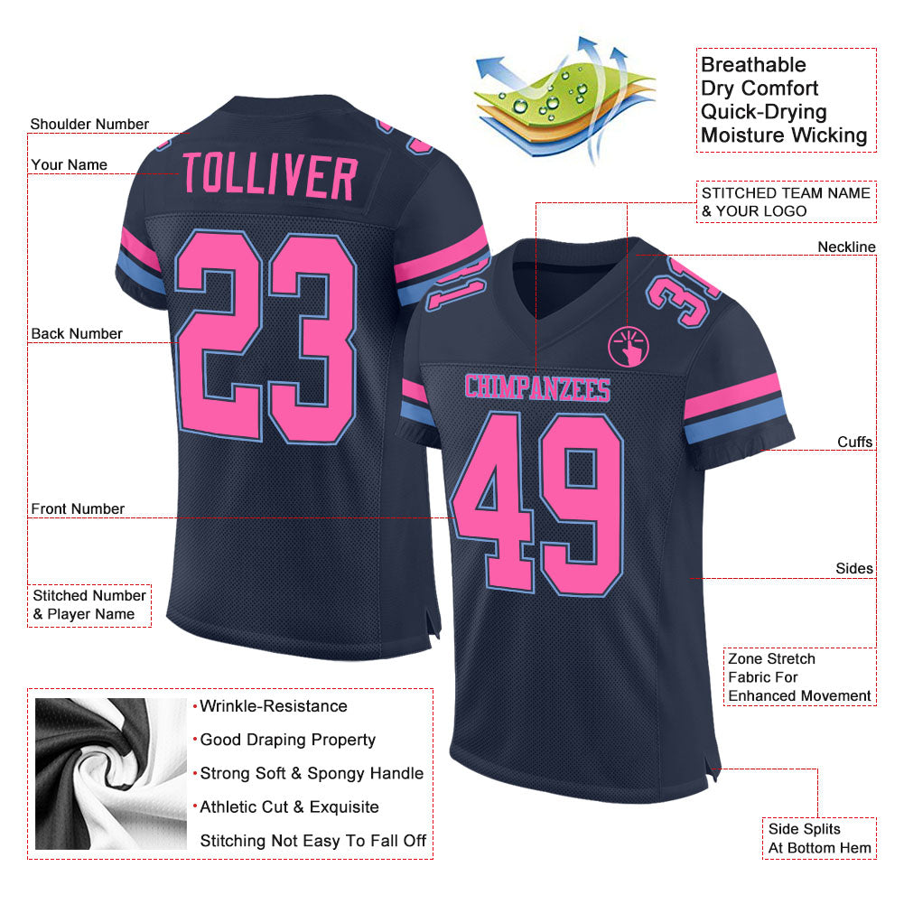 Custom White Light Blue-Pink Authentic Football Jersey Men's Size:2XL