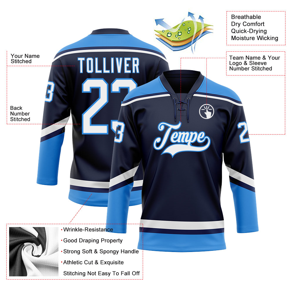 Custom Hockey Jersey Light Blue Red-Navy Hockey Lace Neck Jersey Men's Size:2XL