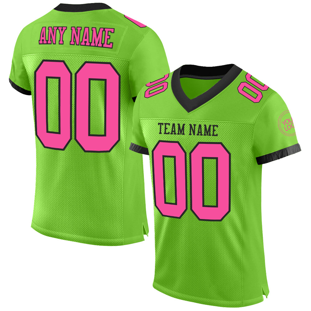 Custom Black Pink-Neon Green Mesh Authentic Football Jersey Discount