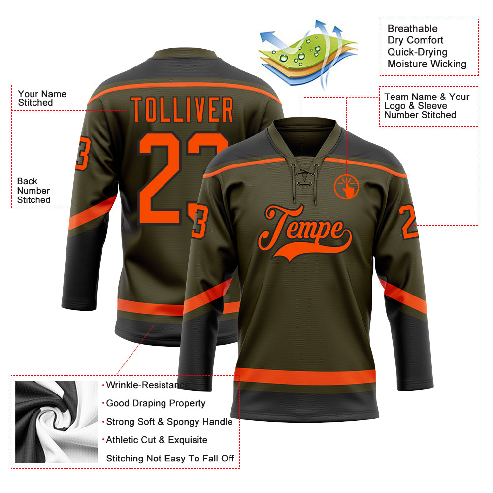 Custom Olive Orange-Black Salute To Service Hockey Lace Neck Jersey Discount