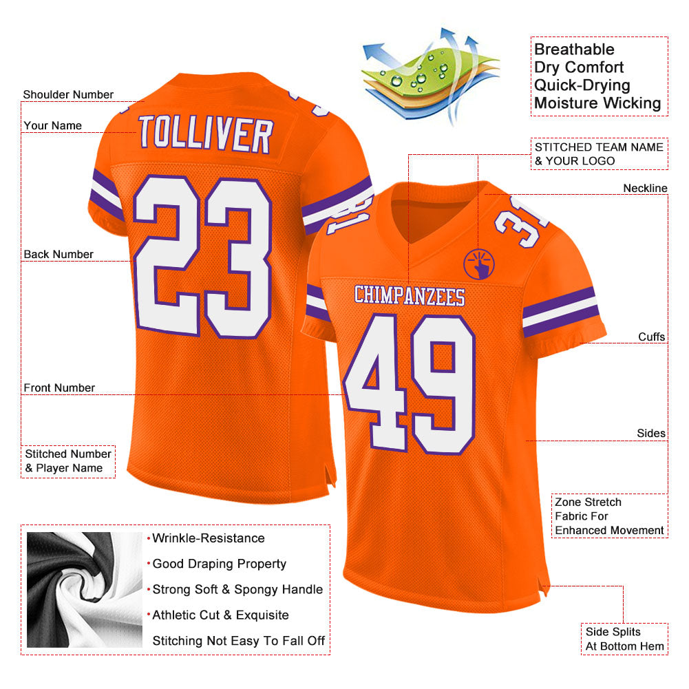 Custom Purple White-Orange Mesh Authentic Football Jersey Discount