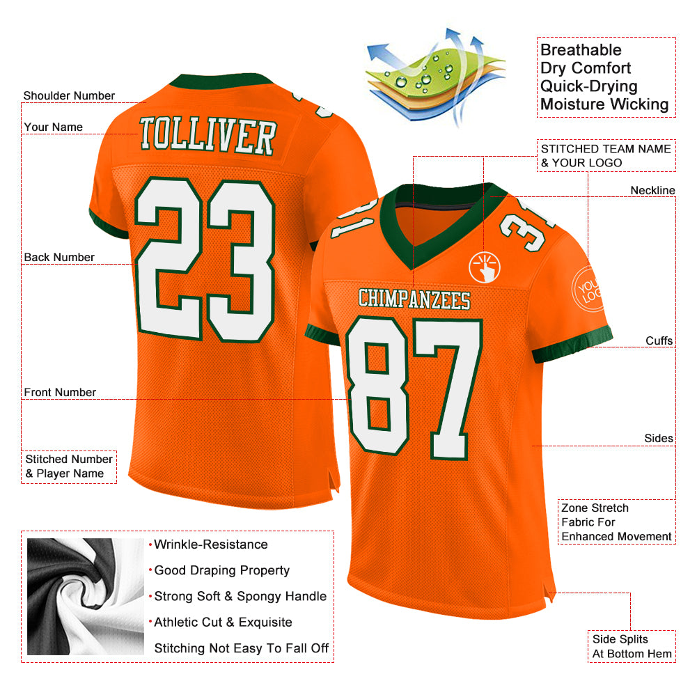 Custom Green Orange-White Mesh Authentic Football Jersey