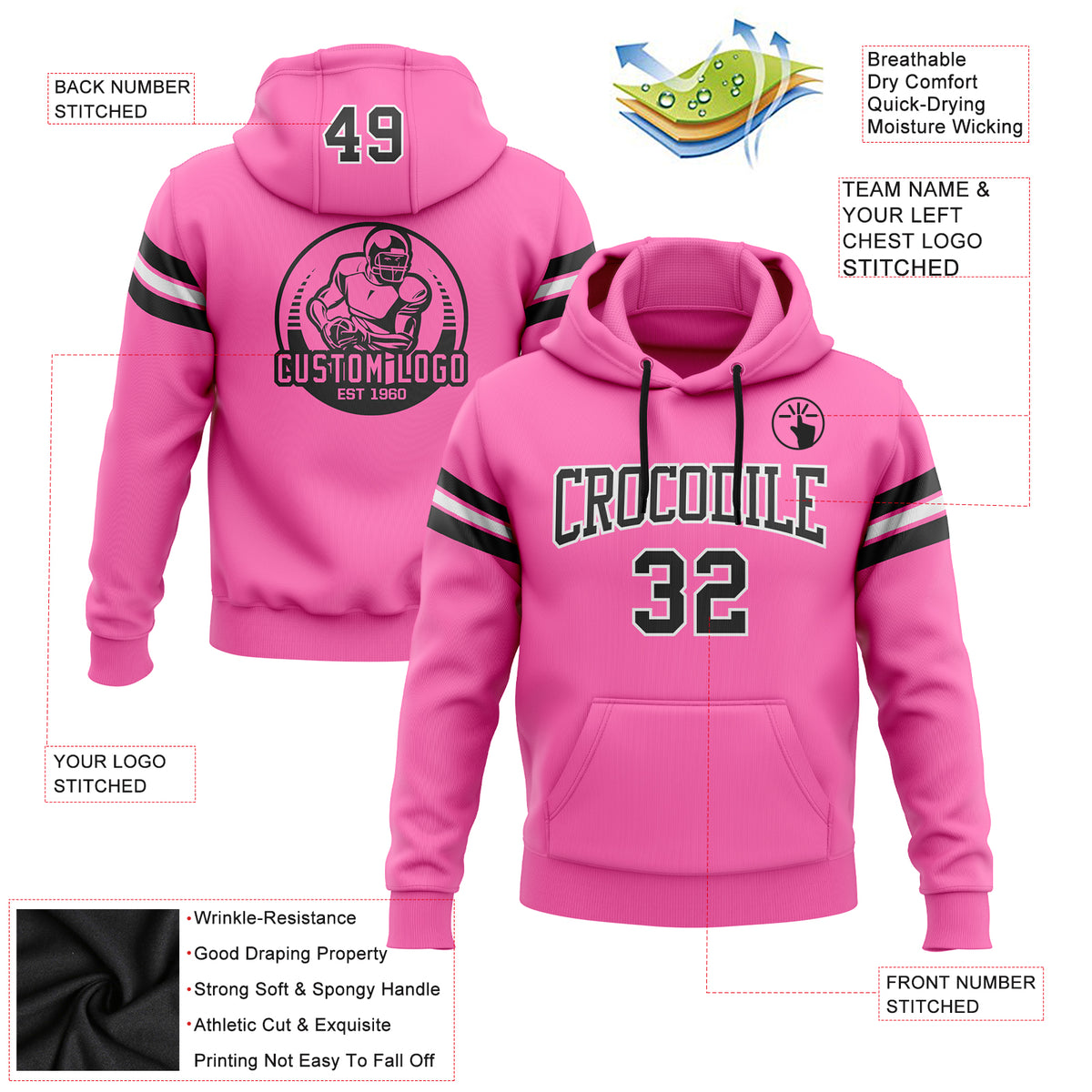 Custom Stitched Pink Black-White Football Pullover Sweatshirt