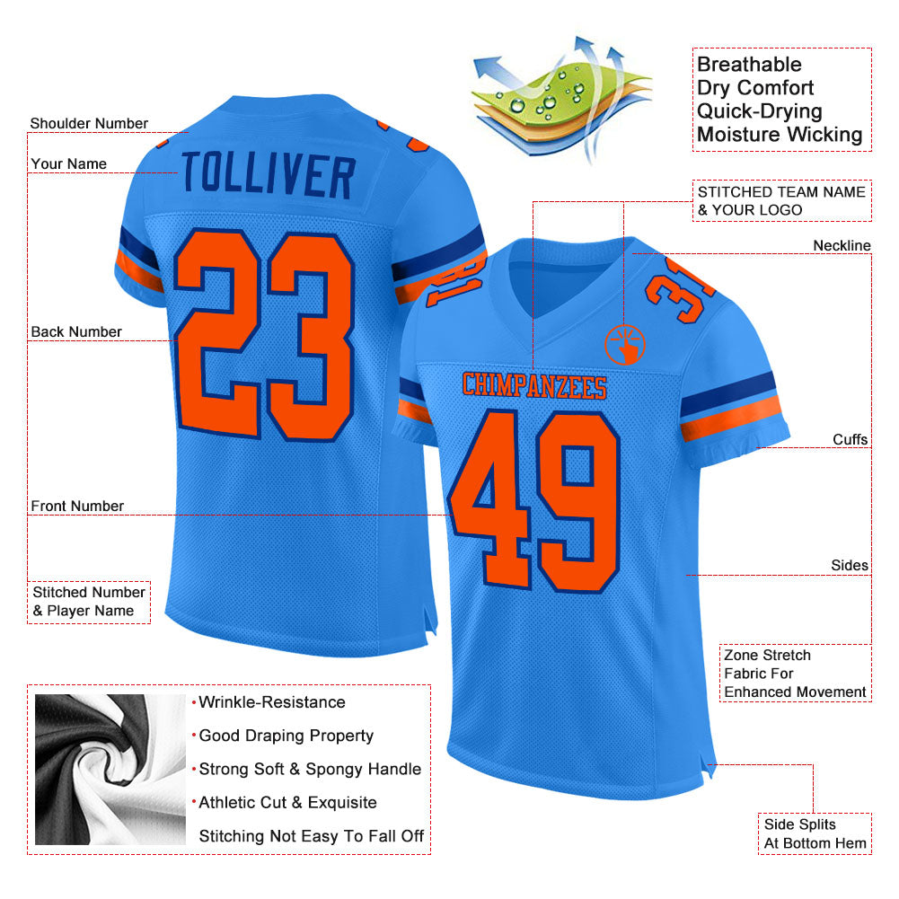 Custom Powder Blue Orange Royal Mesh Authentic Football Jersey Discount