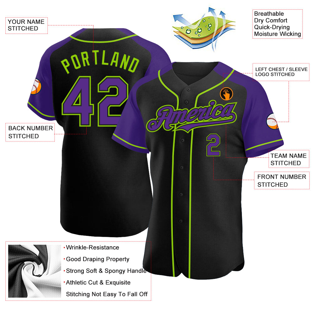 Custom Black Purple-Neon Green Authentic Raglan Sleeves Baseball Jersey  Discount
