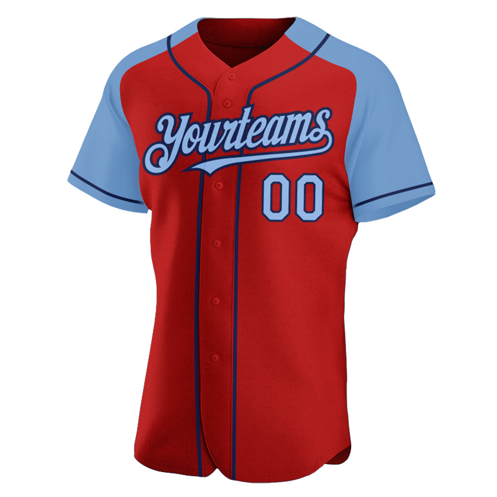 Custom Red Light Blue-Navy Authentic Raglan Sleeves Baseball
