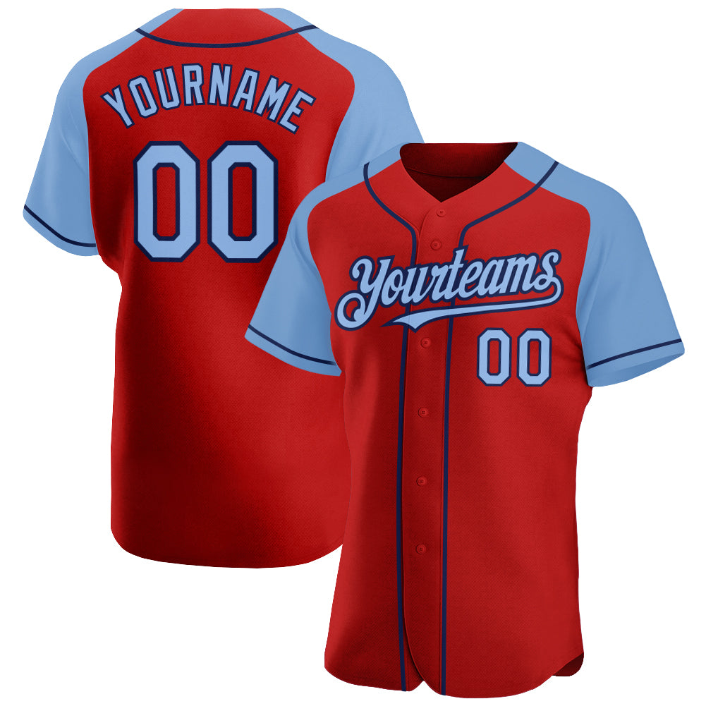 Custom Red Light Blue-Navy Authentic Raglan Sleeves Baseball Jersey Discount