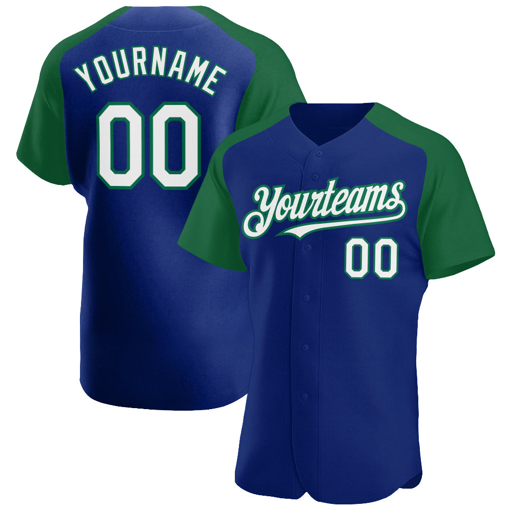 Cheap Custom Royal White-Kelly Green Authentic Raglan Sleeves