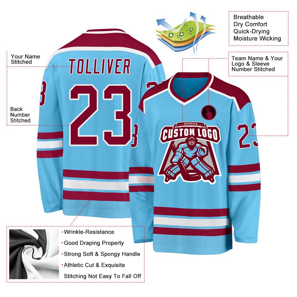 Custom Maroon White-Light Blue Hockey Jersey Discount