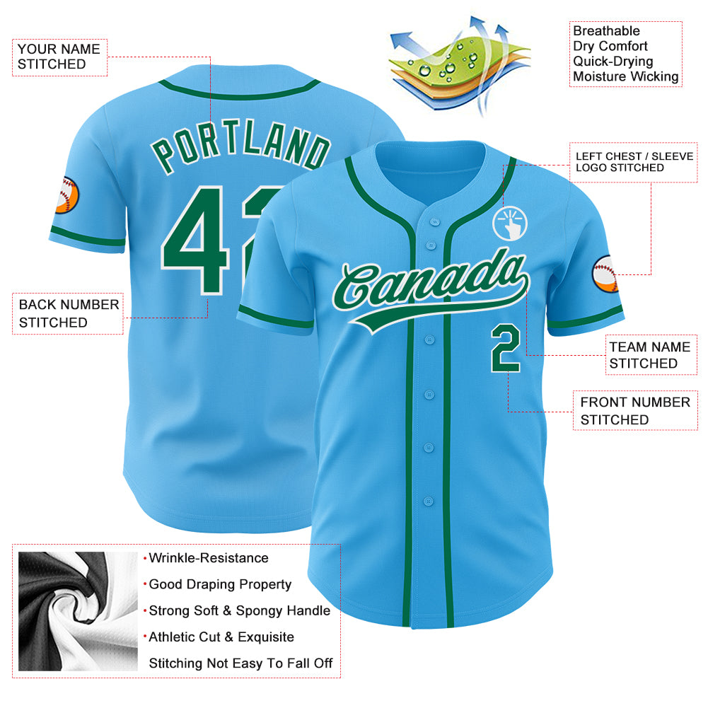 Custom Sky Blue Kelly Green-White Authentic Baseball Jersey Discount